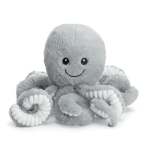 Gray plush octopus toy with a smiling face on a white background
