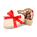 Heart-shaped box of chocolates tied with a red ribbon