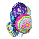 Cluster of colorful foil balloons with anniversary and birthday messages