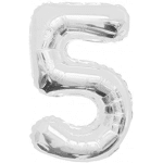 Silver foil balloon shaped like the number 5