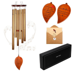 Gold wind chimes with engraved wooden leaf tags, gift envelope, and black presentation box