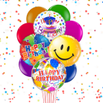 Cluster of colorful birthday balloons with confetti patterns and smiley face designs