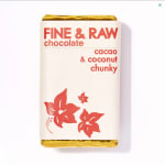 Wrapped chocolate bar labeled fine & raw cacao & coconut chunky