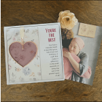 Gift card with a heart ornament and a photo of a woman hugging someone