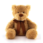 Brown teddy bear with a ribbon bow on a white background