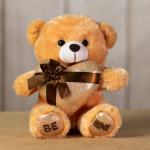 Tan plush teddy bear holding a gold heart pillow with a brown ribbon and be mine text on its feet.