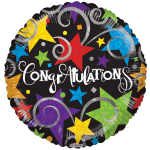 Round congratulations balloon with colorful stars on a black background
