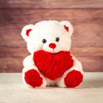 White teddy bear holding a red rose heart