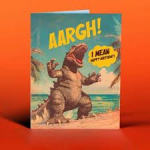 Birthday card with a dinosaur and bold text on an orange background