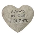 Heart-shaped stone with the words "ALWAYS IN OUR THOUGHTS"