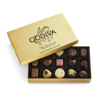 Gold box of assorted Godiva chocolates with the lid partially open