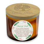 Amber candle in a glass jar with a wooden lid and holiday label