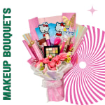 Pink gift bouquet with cosmetics, Hello Kitty items, and faux flowers