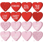 Stacked heart-shaped paper tags in red and pink with love messages