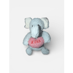 Plush elephant holding a pink heart with the word KISS