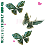 Dollar bill butterflies with pink heart accents on a white background