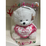 White teddy bear in a clear gift box with a pink heart sign