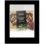 Smoked salmon package with a purple chrysanthemum and greenery