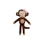 Knitted monkey plush with a pink bow on a white background