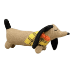 Knitted dachshund plush toy with a yellow sweater