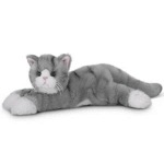 Gray plush cat lying down on a white background