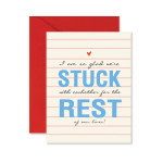 A sympathy card with the words "STUCK REST" on a red envelope