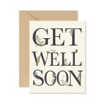 Get well soon greeting card with floral accents and a bunny illustration