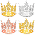 Set of four ornate mini crowns in gold, silver, and rose gold with pearls and rhinestones
