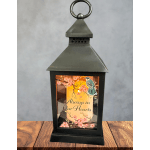 Black memorial lantern with candle and cherry blossom design reading Always in Our Hearts