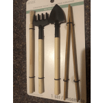 Terrarium tool set with a brush, rake, trowel, and wooden tweezers