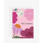 Pink birthday card with large illustrated flowers and the words Feliz Cumpleaños