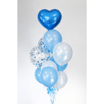 Cluster of blue and white balloons with a heart-shaped balloon on top