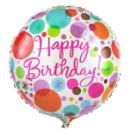Round birthday balloon with colorful polka dots and pink text