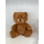 Brown teddy bear plush sitting against a white background