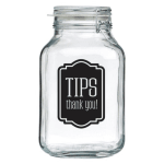Clear glass tip jar with a black "TIPS thank you!" label