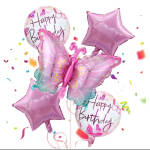 Pink butterfly and star birthday balloons with confetti