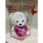 White teddy bear holding a pink heart in a clear gift box