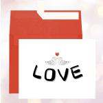 White card with two birds and the word LOVE in a red envelope