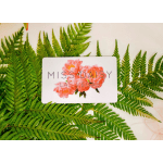 White card with pink flowers and green fern leaves