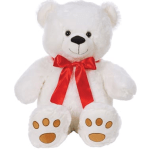 White teddy bear with a red ribbon bow