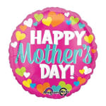 Pink Mother's Day balloon with colorful hearts and text