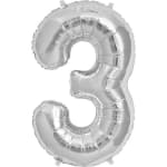 Silver foil balloon shaped like the number 3