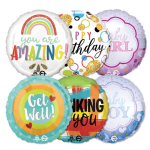 Assorted round foil balloons with birthday, get well, and baby messages