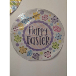 Round Easter plate with pastel flowers and "Happy Easter" text