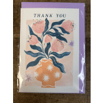 Thank you card with illustration of pink flowers in an orange patterned vase on a lavender backing.