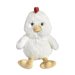 Plush white chicken toy with a red comb and yellow beak and feet