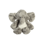 Gray plush elephant toy with large ears and a white belly