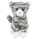 Gray and white plush cat toy with blue eyes
