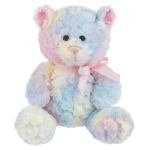 Pastel rainbow teddy bear with a pink ribbon bow