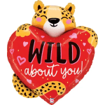 Heart-shaped leopard balloon with a cheetah face and "WILD about you" text